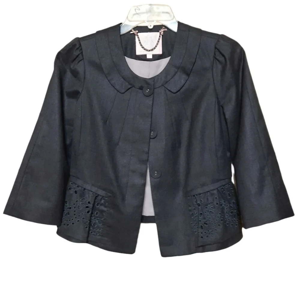 REBECCA TAYLOR Wool Crop Blazer Eyelet Peplum Detail Puff Shoulder Grey Gray XS - Picture 11 of 11